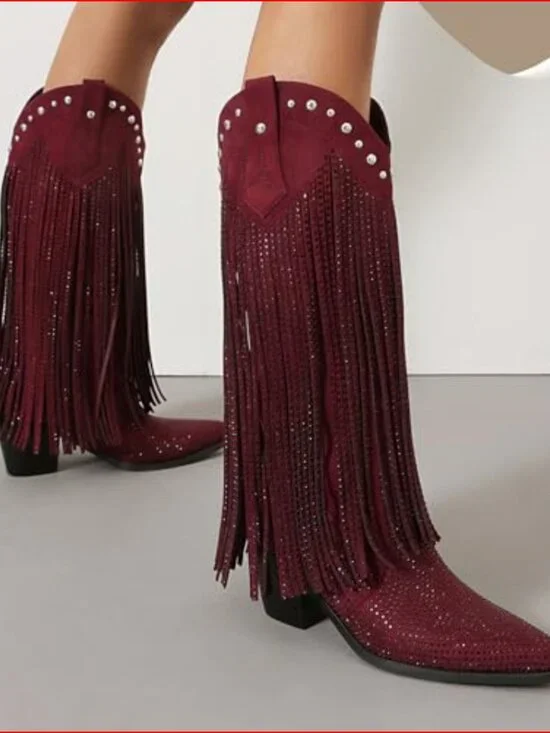 Rhinestone Fringe Cowgirl Boots, Faux Leather Mid-Calf Chunky Heel - Picture 5 of 7